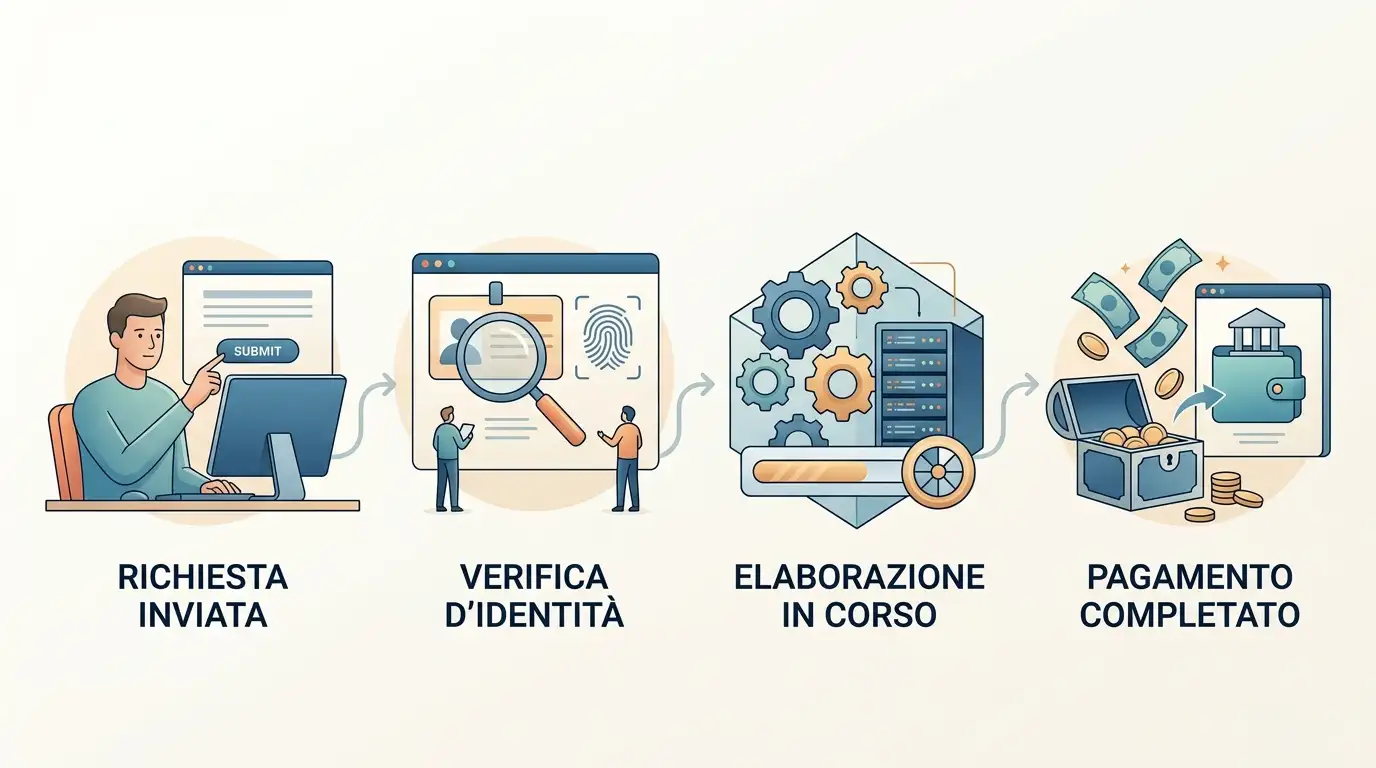 Sequenza di una richiesta di prelievo, dalla verifica del conto all'elaborazione e all'accredito